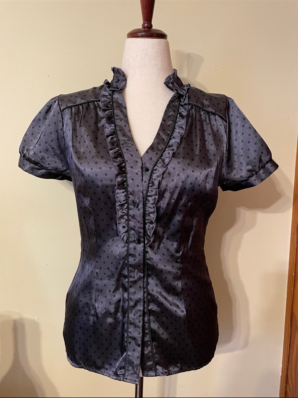 Charlotte Russe Black Polka Dot Satin Ruffle Button-Down Top